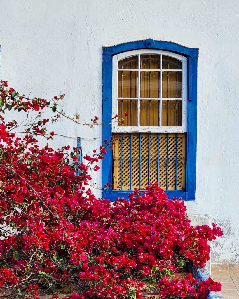Janela colonial com moldura vermelha e veneziana verde em fachada branca